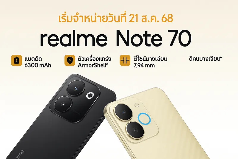 realme เปิดตัว realme Note 70 สมาร์ทโฟนแบตอึด ดีไซน์บางเฉียบ เริ่มขาย 21 สิงหาคมนี้